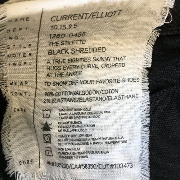 CURRENT ELLIOTT The Stiletto Black Shredded Distressed Ankle/Crop 5 Pocket Jeans - Picture 3 of 13